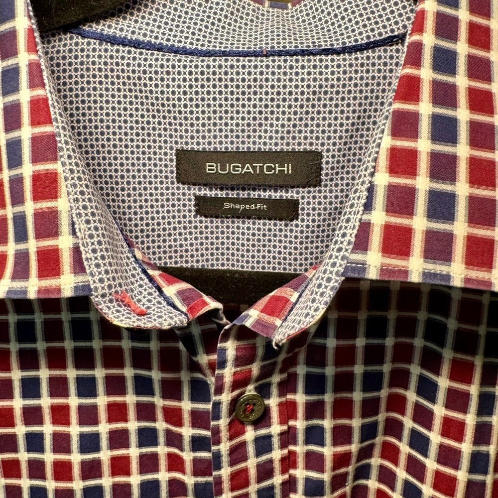 Bugatchi Mens Size L Navy Blue Red Plaid Dress Button Up Long Sleeve Shaped Fit